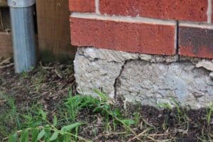 Brick building with large foundation crack in cement. 